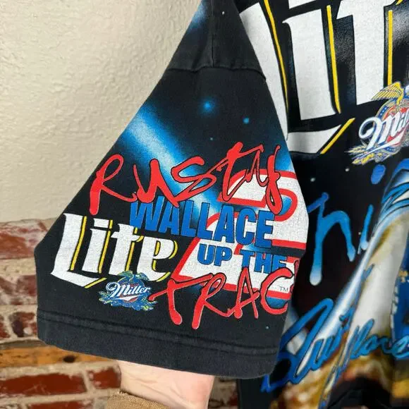 Vintage Rusty Wallace Shirt Large Black AOP Lite It Up Miller NASCAR Racing 1997